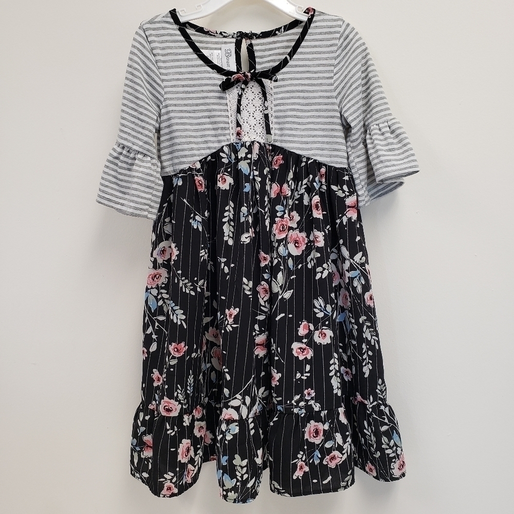 Bonnie Jean Gray Black Striped Floral Dress Girls Size 6